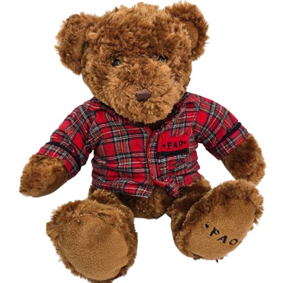 FAO Schwarz Teddy Bear Plaid Shirt Brown Logo Stuffed Animal Plush Toy 12" - Picture 1 of 7